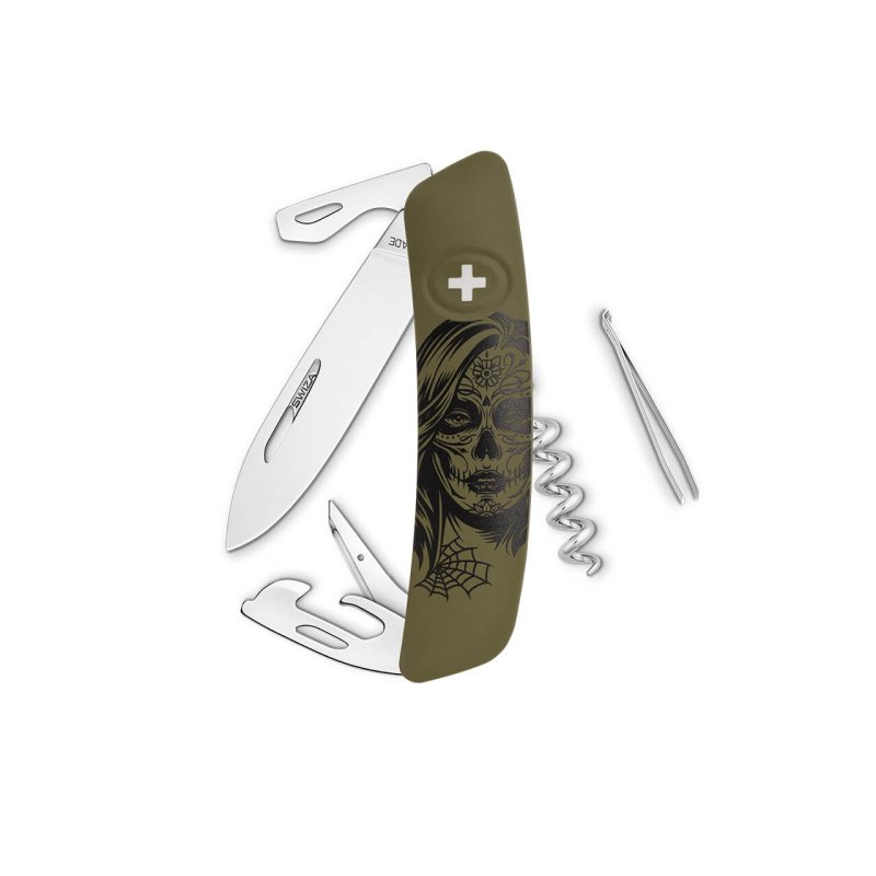 Navaja EDICION ESPECIAL Standard D03 GIRLS SKULL, 11 funciones, olivo