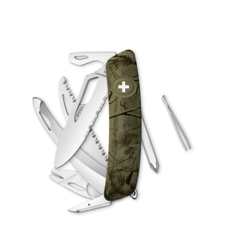 Navaja HUNTING Single Hand SH10 TR-HUTT, Wavy Edge, 14 funciones, camo ramas olivo