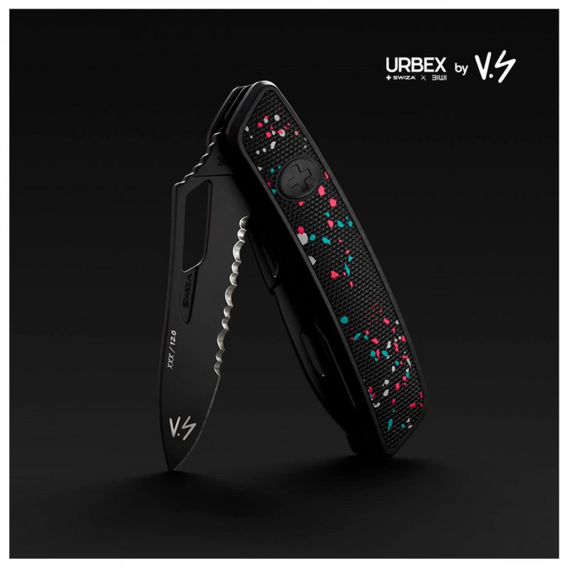 Navaja EDICION LIMITADA URBEX x SAIFF VASARHELYI, ALLBLACK SH Wavy Edge SH03 TR, 12 funciones